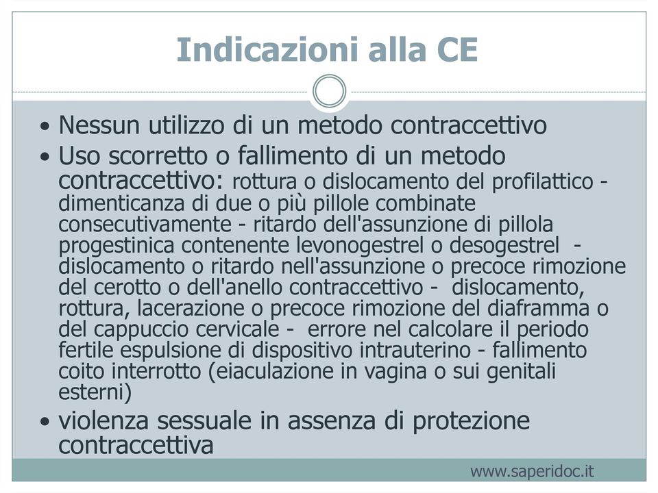 rimozione del cerotto o dell'anello contraccettivo - dislocamento, rottura, lacerazione o precoce rimozione del diaframma o del cappuccio cervicale - errore nel calcolare il periodo