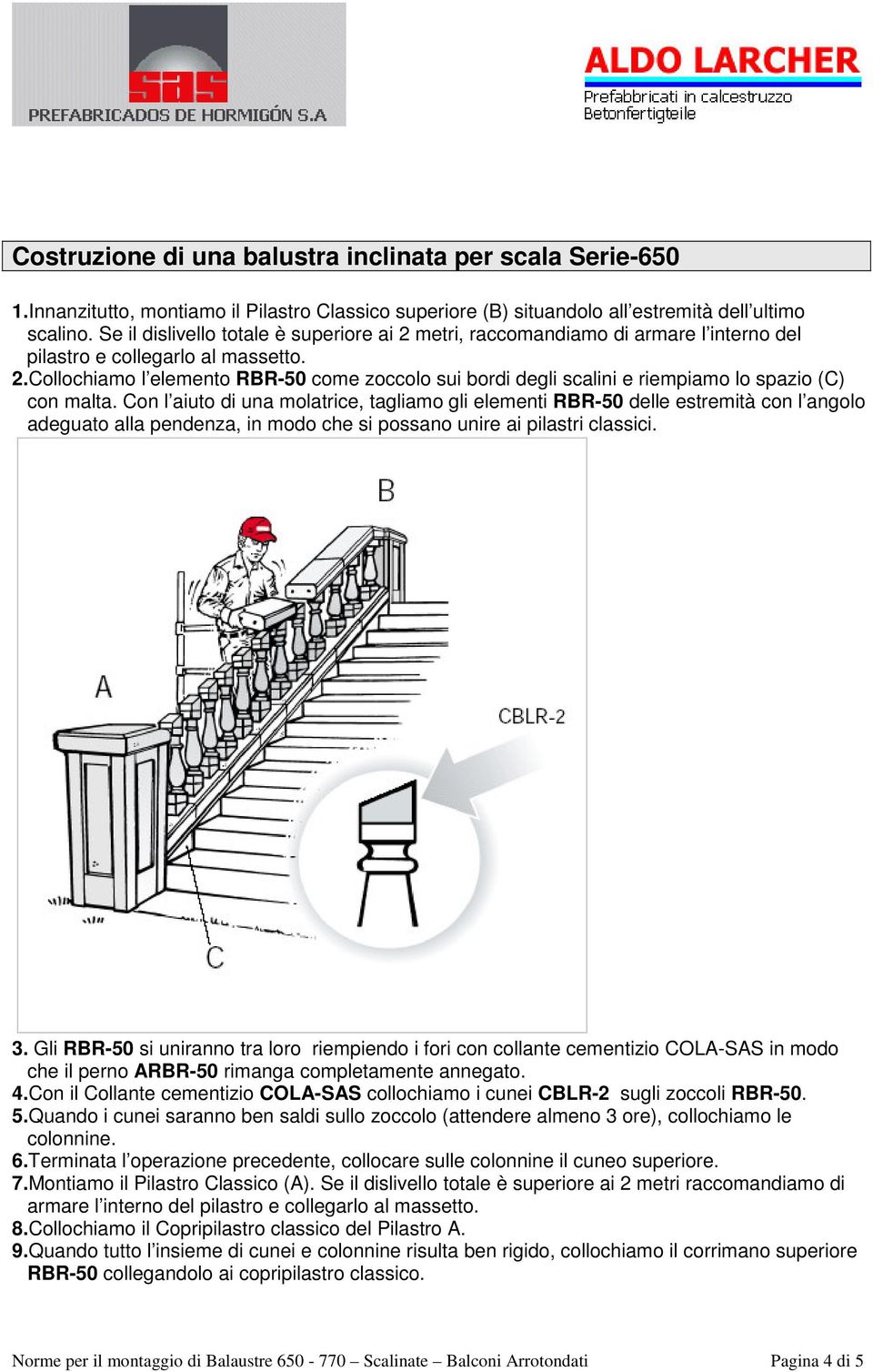 Con l aiuto di una molatrice, tagliamo gli elementi RBR-50 delle estremità con l angolo adeguato alla pendenza, in modo che si possano unire ai pilastri classici. 3.