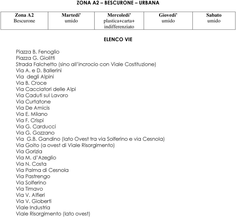 Croce Via Cacciatori delle Alpi Via Caduti sul Lavoro Via Curtatone Via De Amicis Via E. Milano Via F. Crispi Via G. Carducci Via G. Gozzano Via G.B.