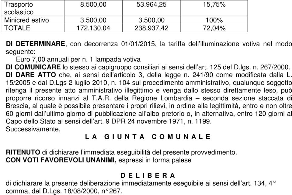 1 lampada votiva DI COMUNICARE lo stesso ai capigruppo consiliari ai sensi dell art. 125 del D.lgs. n. 267/2000. DI DARE ATTO che, ai sensi dell articolo 3, della legge n.