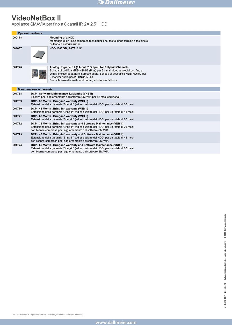 Scheda di decodifica MDB-H264/2 per 2 monitor analogici (2 BNC/CVBS). Senza licenze di canale addizionali, solo franco fabbrica.