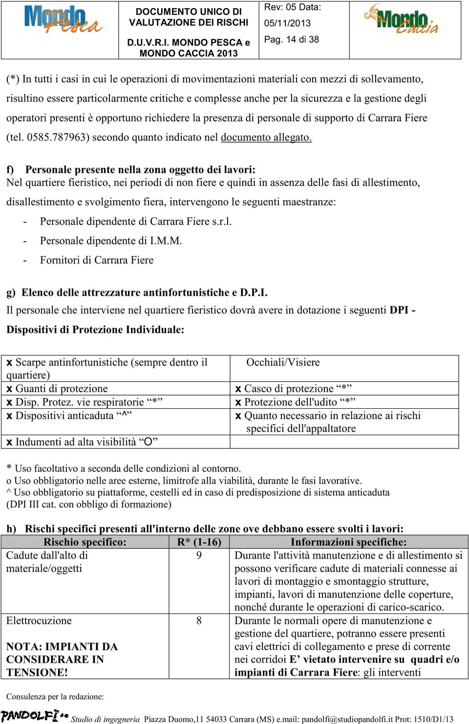 f) Personale presente nella zona oggetto dei lavori: Nel quartiere fieristico, nei periodi di non fiere e quindi in assenza delle fasi di allestimento, disallestimento e svolgimento fiera,