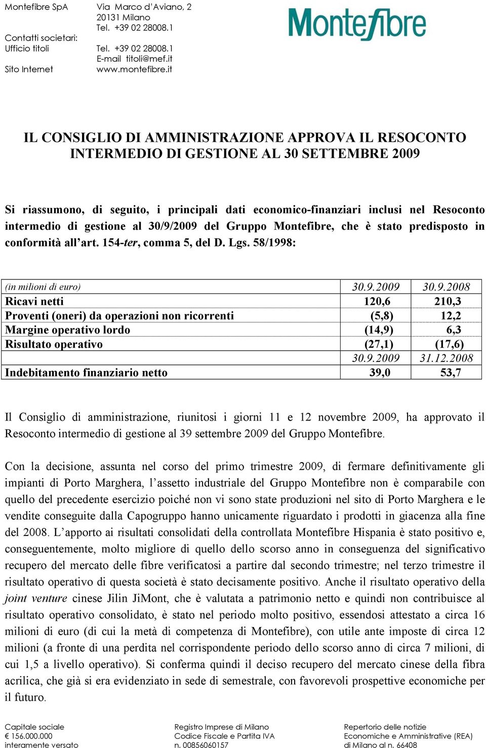 di gestione al 30/9/2009 del Gruppo Montefibre, che è stato predisposto in conformità all art. 154-ter, comma 5, del D. Lgs. 58/1998: (in milioni di euro) 30.9.2009 30.9.2008 Ricavi netti 120,6 210,3 Proventi (oneri) da operazioni non ricorrenti (5,8) 12,2 Margine operativo lordo (14,9) 6,3 Risultato operativo (27,1) (17,6) 30.