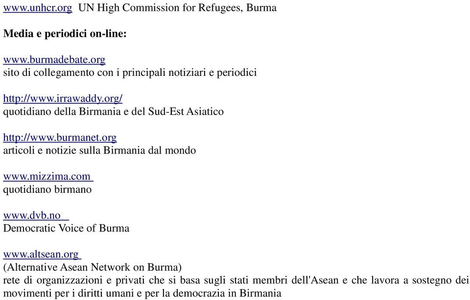 org/ quotidiano della Birmania e del Sud-Est Asiatico http://www.burmanet.org articoli e notizie sulla Birmania dal mondo www.mizzima.