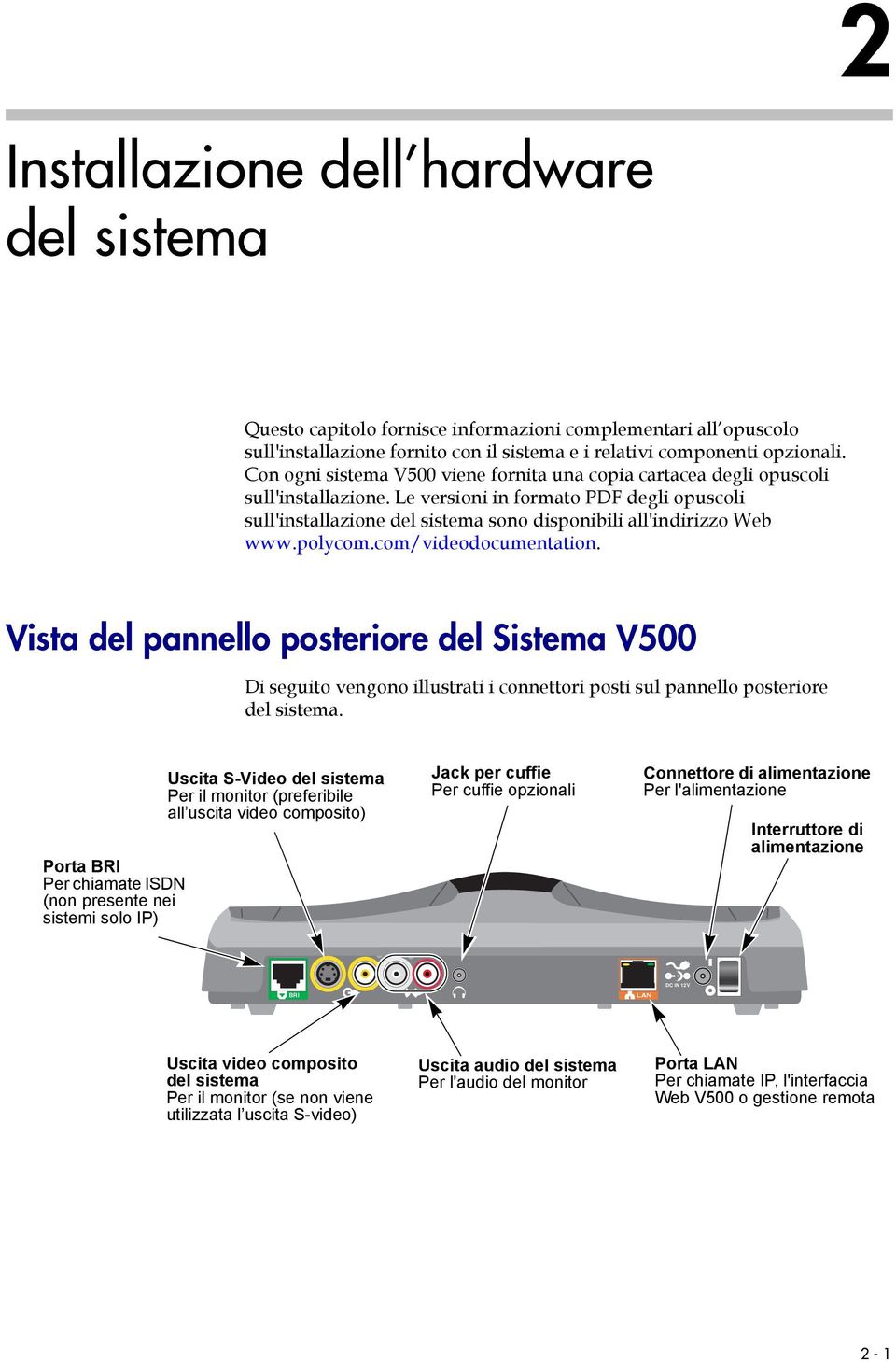 Le versioni in formato PDF degli opuscoli sull'installazione del sistema sono disponibili all'indirizzo Web www.polycom.com/videodocumentation.