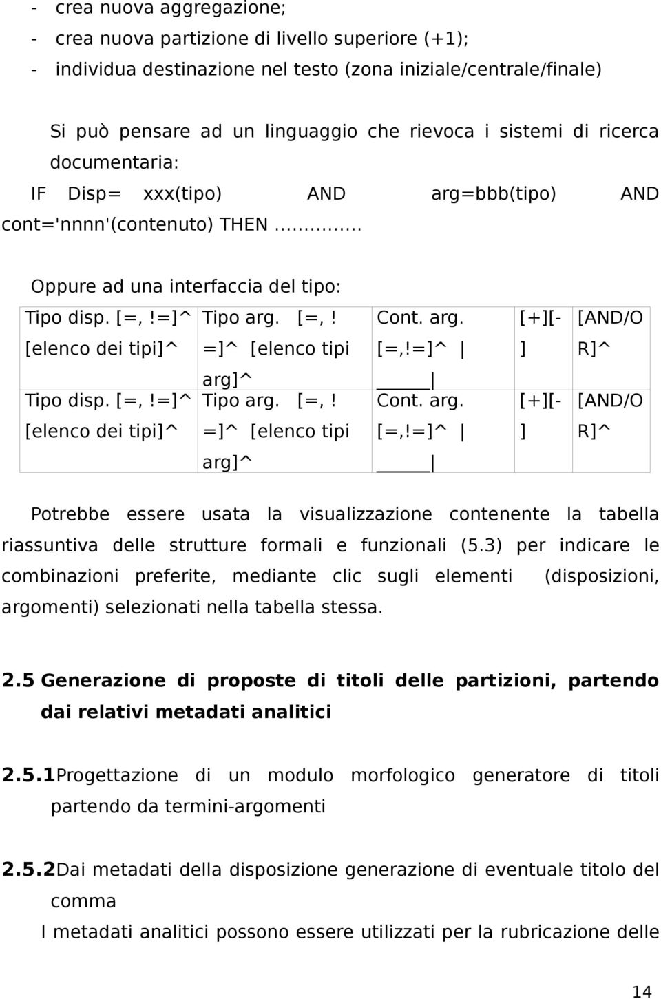 =]^ ] R]^ Tipo disp. [=,!=]^ arg]^ Tipo arg. [=,! Cont. arg. [+][- [AND/O [elenco dei tipi]^ =]^ [elenco tipi [=,!