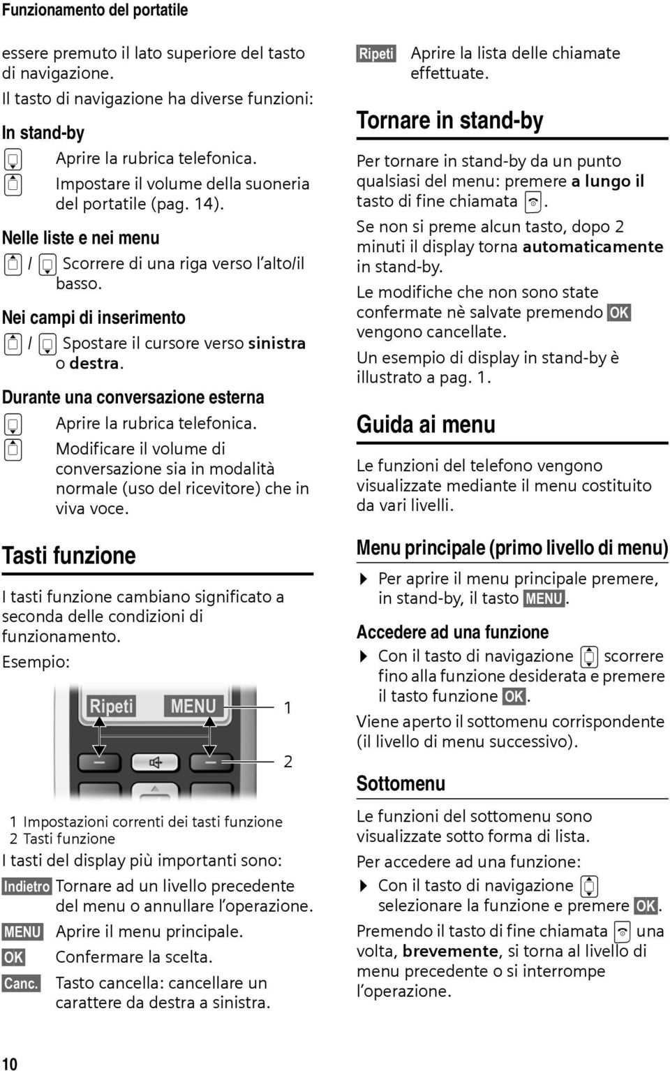 Nei campi di inserimento t / s Spostare il cursore verso sinistra o destra. Durante una conversazione esterna s t Aprire la rubrica telefonica.