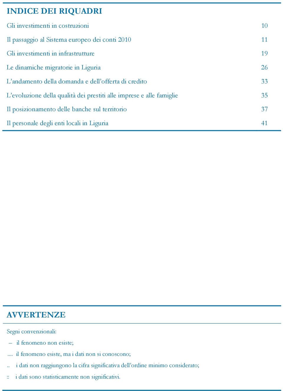 posizionamento delle banche sul territorio 37 Il personale degli enti locali in Liguria 41 AVVERTENZE Segni convenzionali: il fenomeno non esiste;.