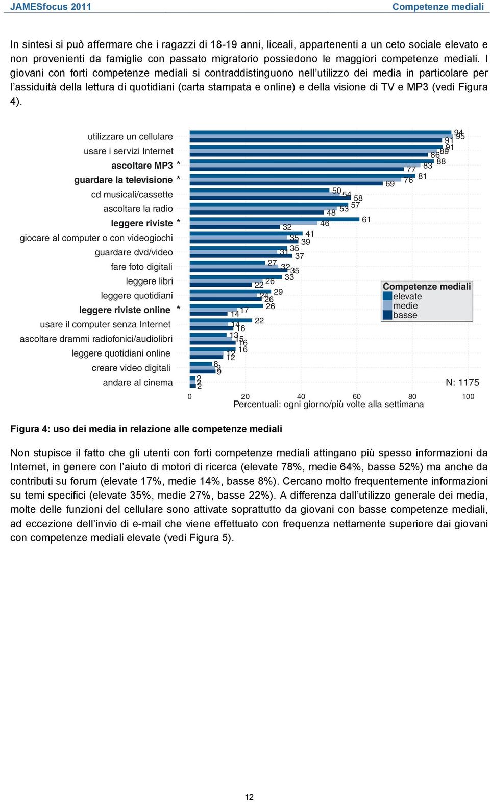 I giovani con forti competenze mediali si contraddistinguono nell utilizzo dei media in particolare per l assiduità della lettura di quotidiani (carta stampata e online) e della visione di TV e MP3