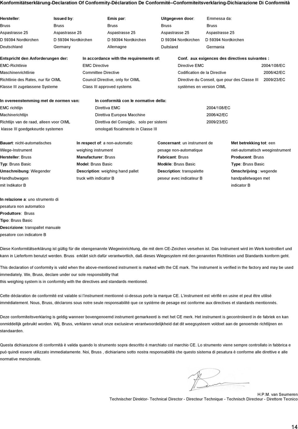 Deutschland Germany Allemagne Duitsland Germania Entspricht den Anforderungen der: In accordance with the requirements of: Conf.