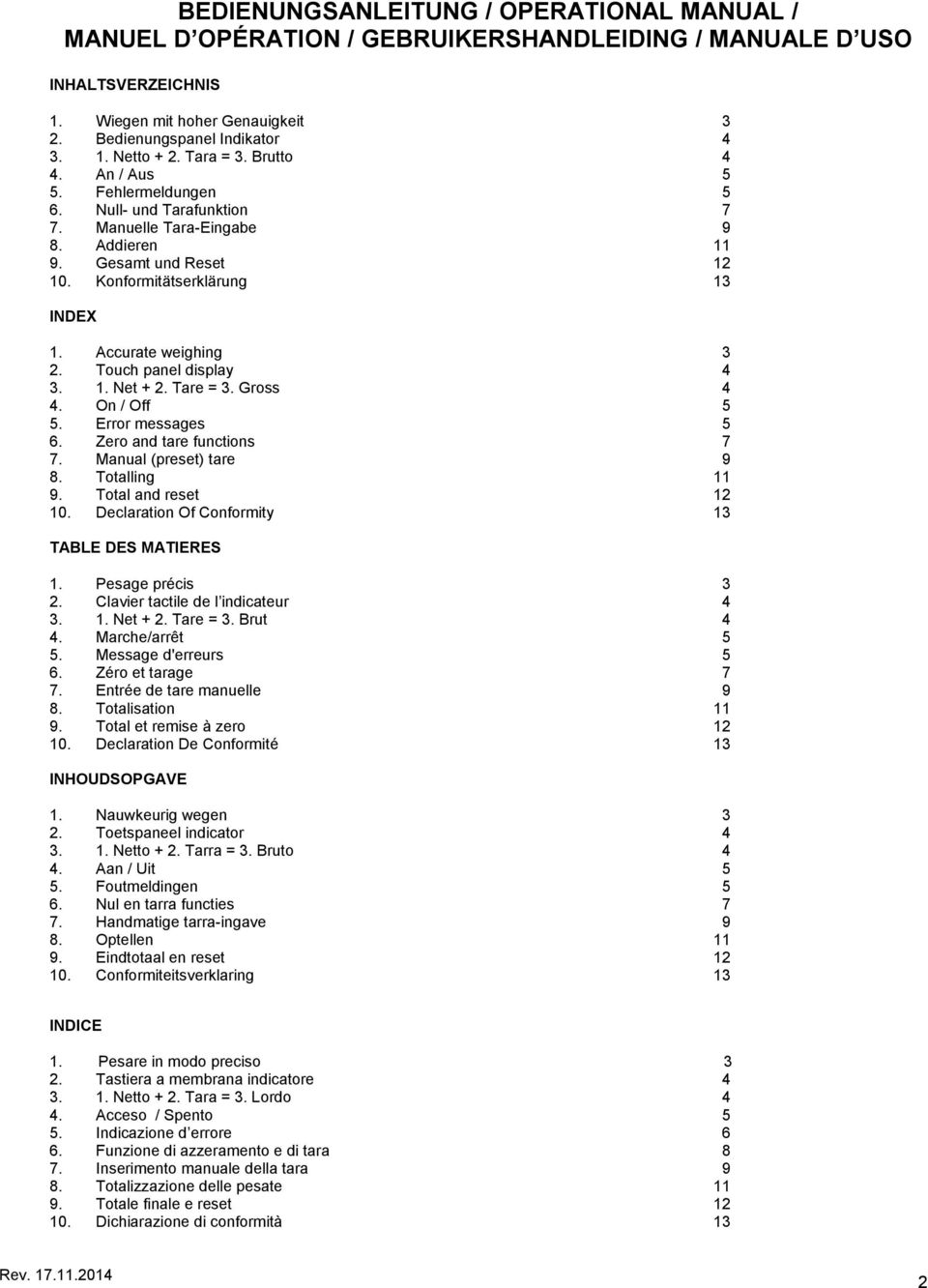 Accurate weighing 3 2. Touch panel display 4 3. 1. Net + 2. Tare = 3. Gross 4 4. On / Off 5 5. Error messages 5 6. Zero and tare functions 7 7. Manual (preset) tare 9 8. Totalling 11 9.