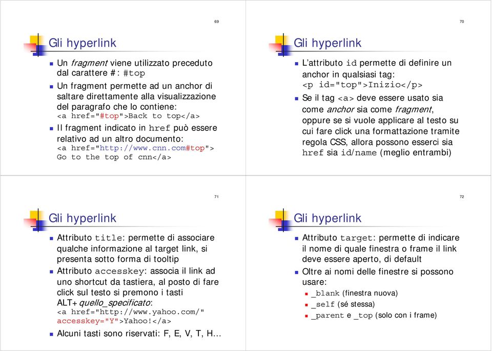 com#top"> Go to the top of cnn</a> Gli hyperlink L attributo id permette di definire un anchor in qualsiasi tag: <p id="top">inizio</p> Se il tag <a> deve essere usato sia come anchor sia come
