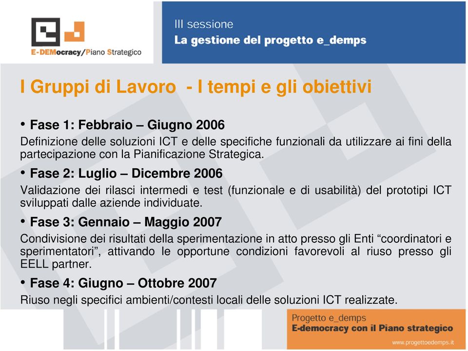 Fase 2: Luglio Dicembre 2006 Validazione dei rilasci intermedi e test (funzionale e di usabilità) del prototipi ICT sviluppati dalle aziende individuate.