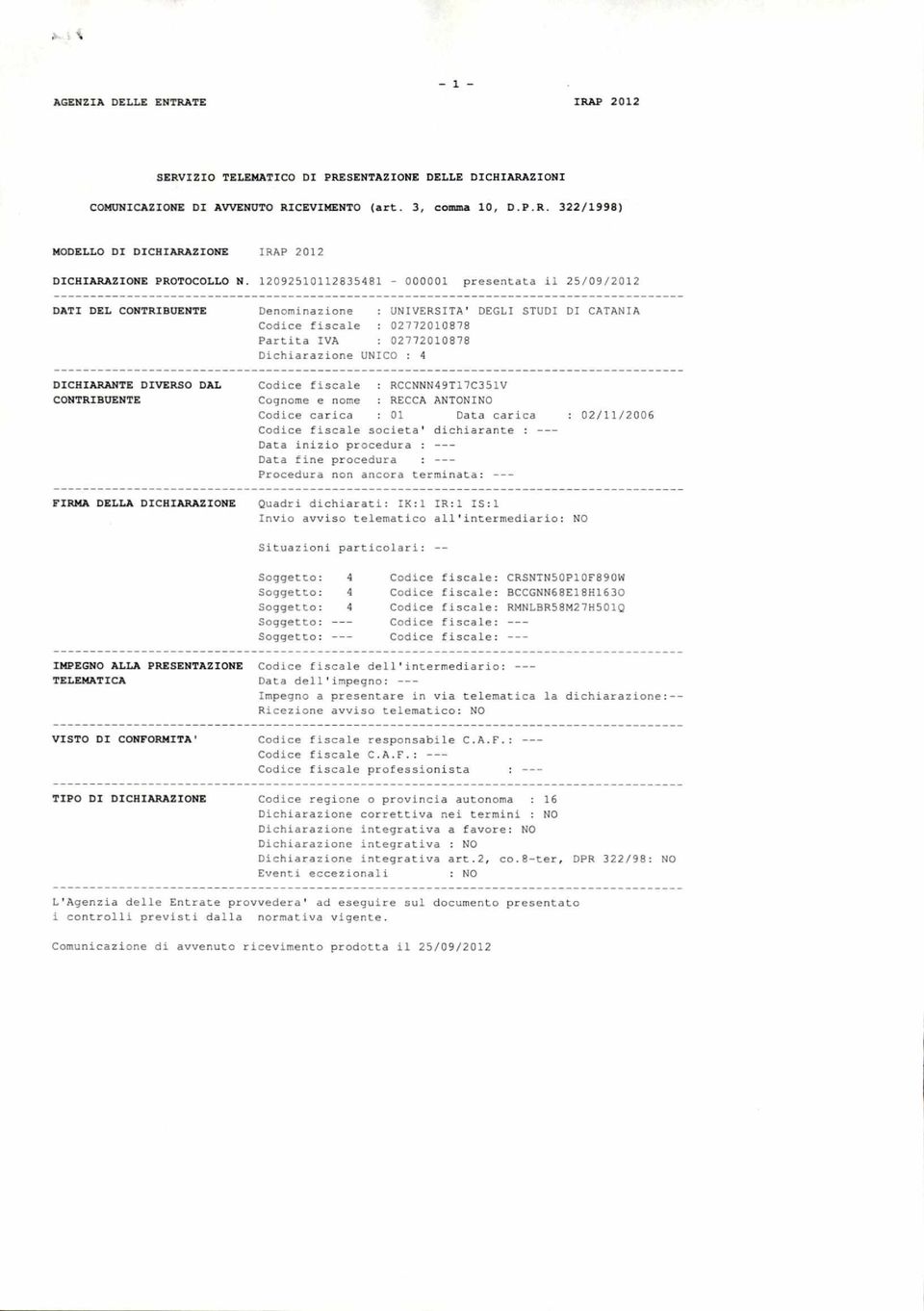 DICHIARANTE DIVERS DAL CNTRIBUENTE FIRMA DELLA DICHIARAZINE Cdice fiscale : RCCNNN49T17C351V Cgnme e nme : RECCA ANTNIN Cdice carica : 01 Data carica : 02/11/26 Cdice fiscale scieta' dichiarante :