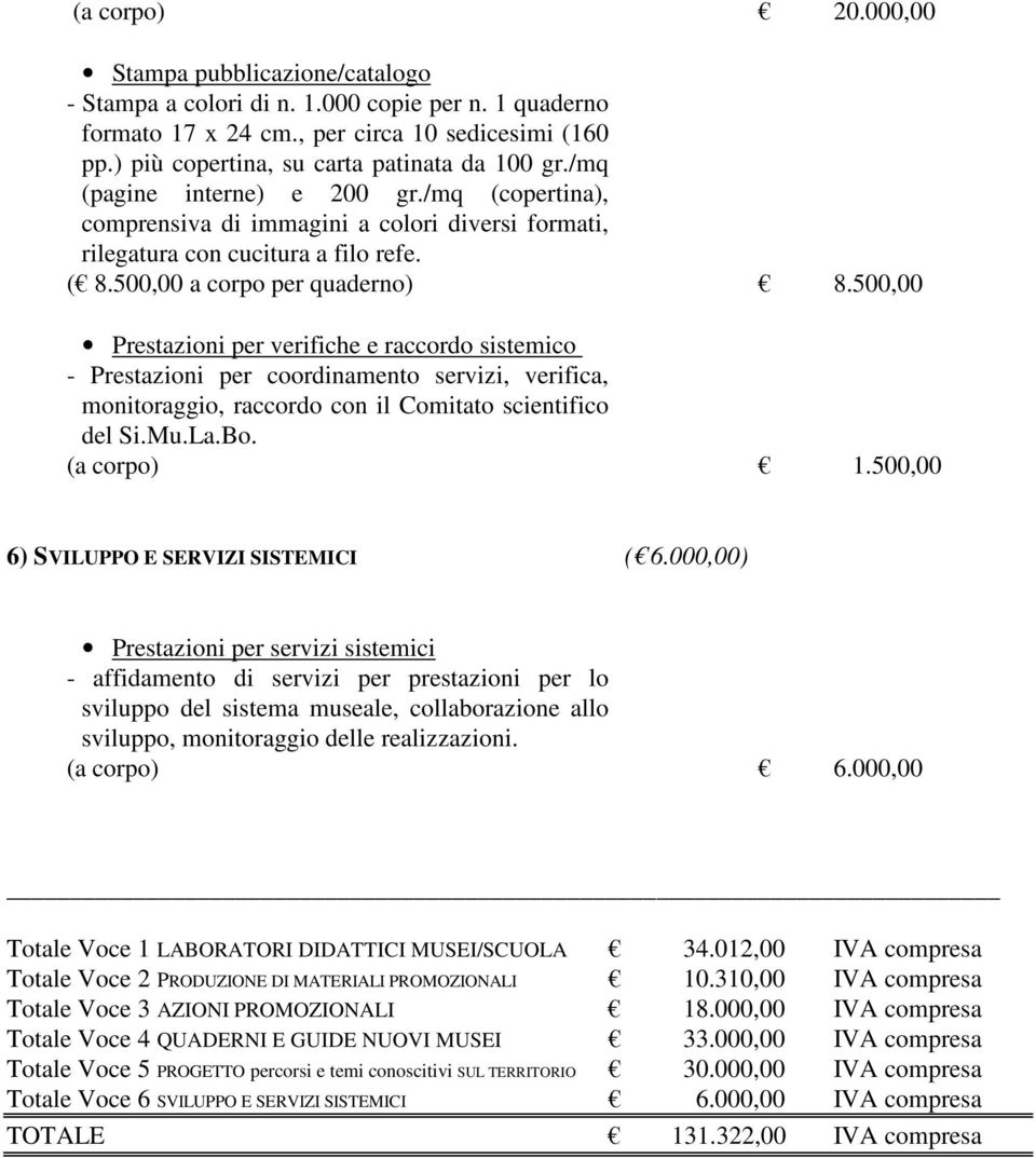 500,00 a corpo per quaderno) 8.500,00 Prestazioni per verifiche e raccordo sistemico del Si.Mu.La.Bo. (a corpo) 1.500,00 6) SVILUPPO E SERVIZI SISTEMICI ( 6.