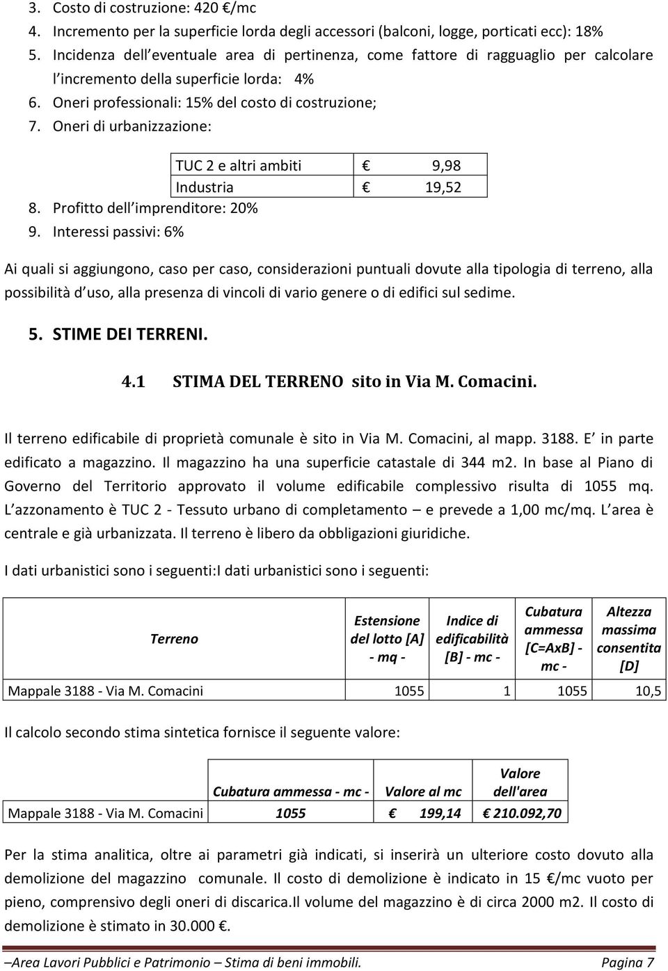 Oneri di urbanizzazione: TUC 2 e altri ambiti 9,98 Industria 19,52 8. Profitto dell imprenditore: 20% 9.