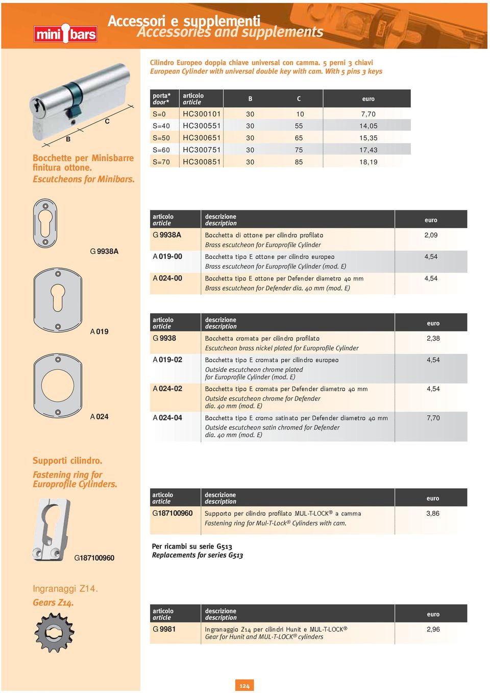 porta* door* =0 H3000 30 0 7,70 =40 H30055 30 55 4,05 =50 H30065 30 65 5,35 =60 H30075 30 75 7,43 =70 H30085 30 85 8,9 G 9938A G 9938A occhetta di ottone per cilindro profilato 2,09 rass escutcheon