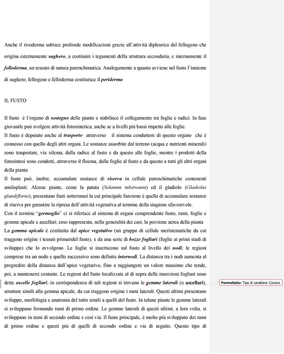 Analogamente a quanto avviene nel fusto l insieme di sughero, fellogeno e felloderma costituisce il periderma IL FUSTO Il fusto è l organo di sostegno delle piante e stabilisce il collegamento tra