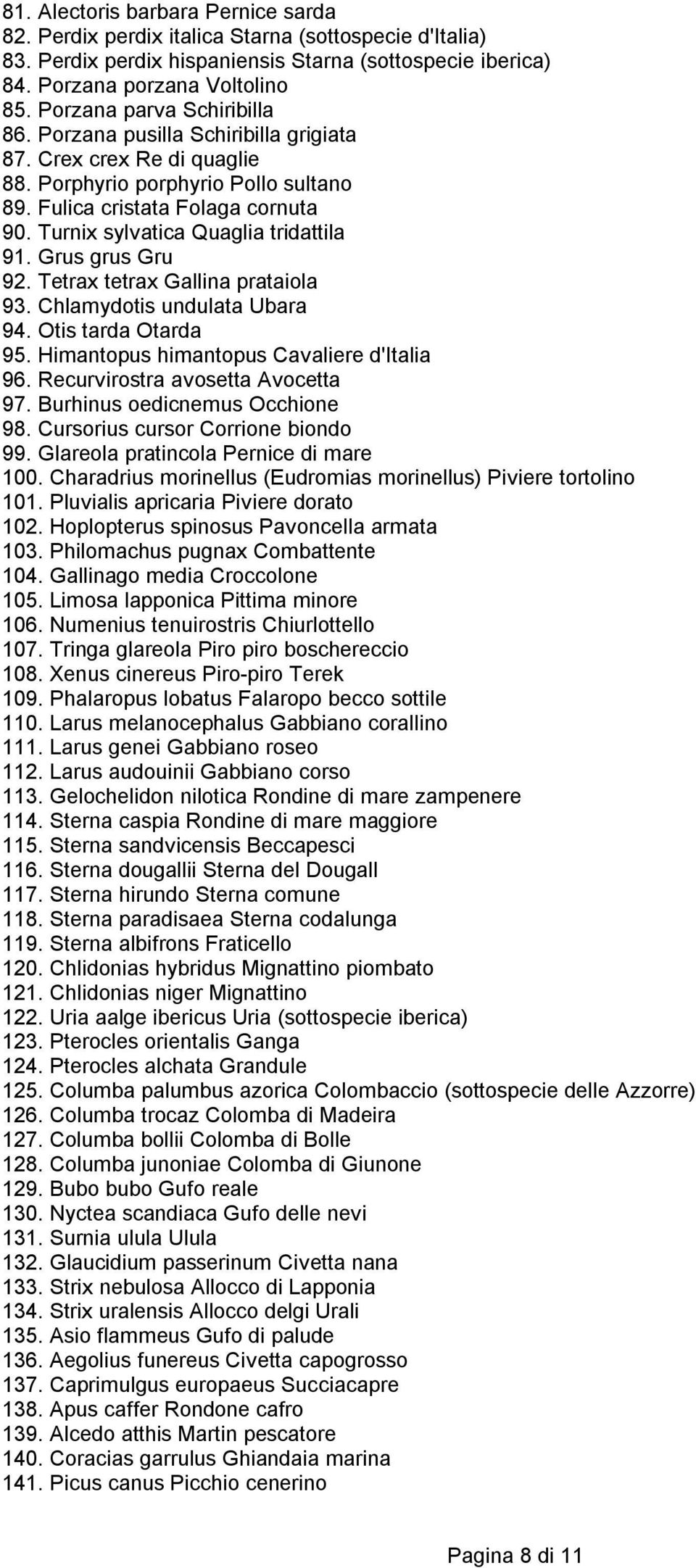 Turnix sylvatica Quaglia tridattila 91. Grus grus Gru 92. Tetrax tetrax Gallina prataiola 93. Chlamydotis undulata Ubara 94. Otis tarda Otarda 95. Himantopus himantopus Cavaliere d'italia 96.