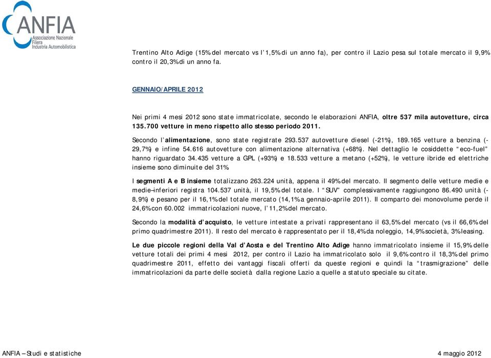 Secondo l alimentazione, sono state registrate 293.537 autovetture diesel (-21%), 189.165 vetture a benzina (- 29,7%) e infine 54.616 autovetture con alimentazione alternativa (+68%).