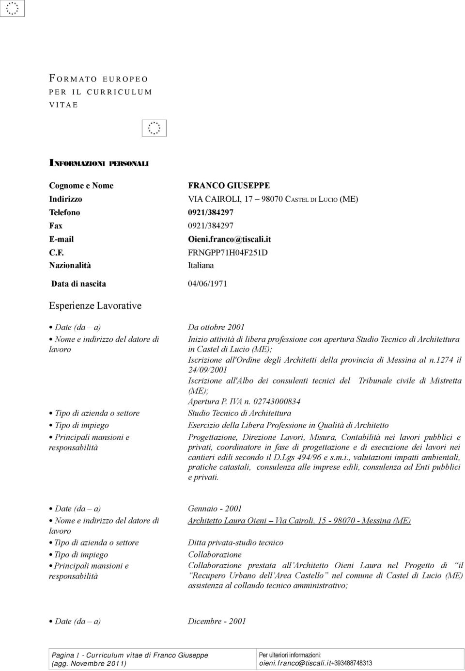 FRNGPP71H04F251D Nazionalità Italiana Data di nascita 04/06/1971 Esperienze Lavorative Date (da a) Da ottobre 2001 Nome e indirizzo del datore di Inizio attività di libera professione con apertura