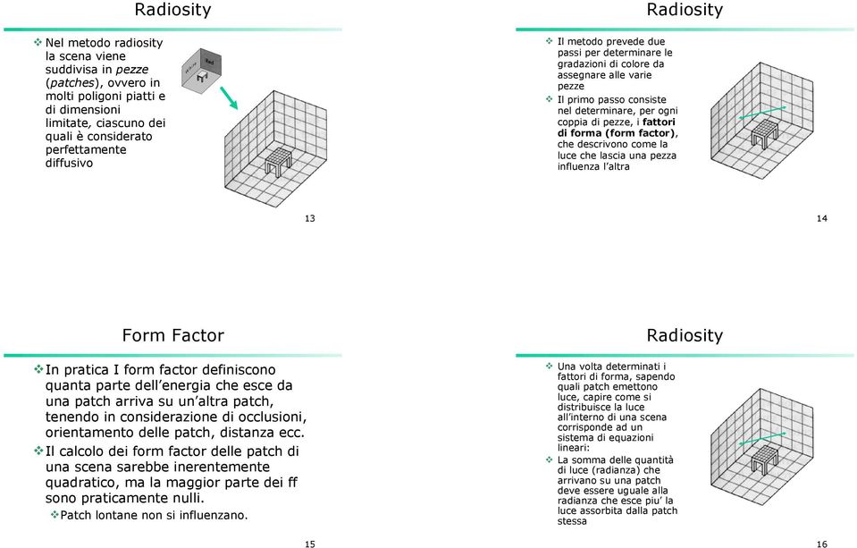 che lacia una pezza influenza l altra Radioity 13 14 Form Factor In pratica I form factor definicono quanta parte dell energia che ece da una patch arriva u un altra patch, tenendo in coniderazione