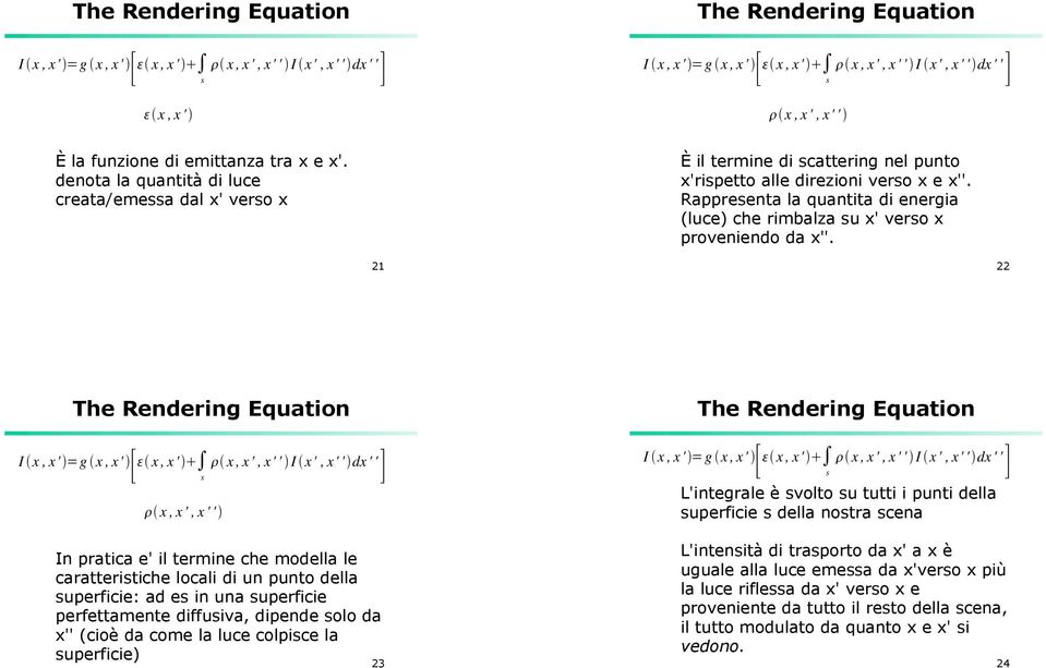 22 x, x ', x ' ' In pratica e' il termine che modella le caratteritiche locali di un punto della uperficie: ad e in una uperficie perfettamente diffuiva, dipende olo da x'' (cioè da come la luce