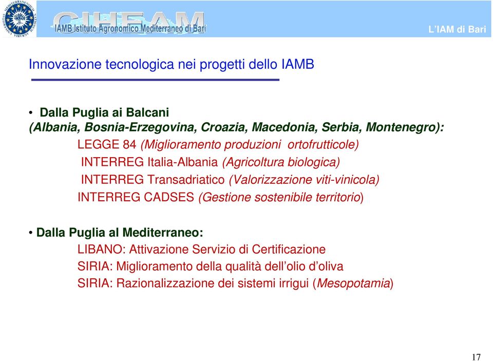 Transadriatico (Valorizzazione viti-vinicola) INTERREG CADSES (Gestione sostenibile territorio) Dalla Puglia al Mediterraneo: LIBANO: