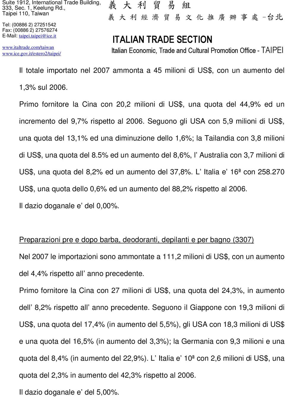 Seguono gli USA con 5,9 milioni di US$, una quota del 13,1% ed una diminuzione dello 1,6%; la Tailandia con 3,8 milioni di US$, una quota del 8.