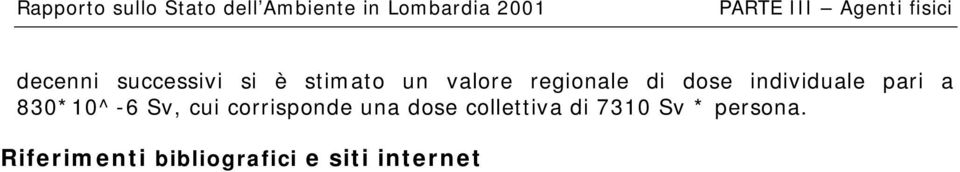 ANPA, 1999, Reti nazionali di sorveglianza della radioattività ambientale in Italia 1994-1997. Regione Lombardia, 2000, Rapporto sullo stato dell ambiente in Lombardia, 1999. www.brera.unimi.