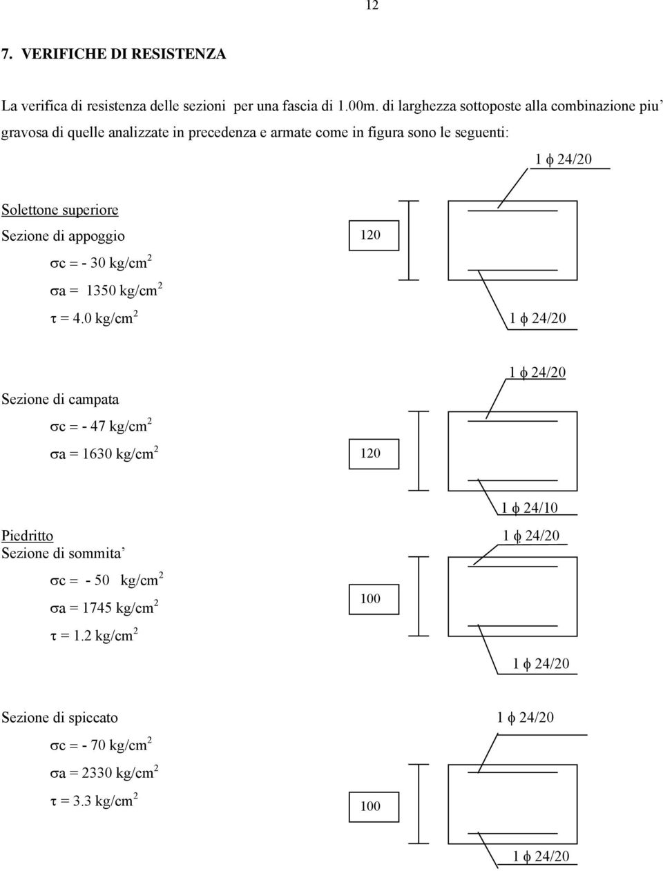 superiore Sezione di appoggio 120 σc = - 30 kg/cm 2 σa = 1350 kg/cm 2 τ = 4.