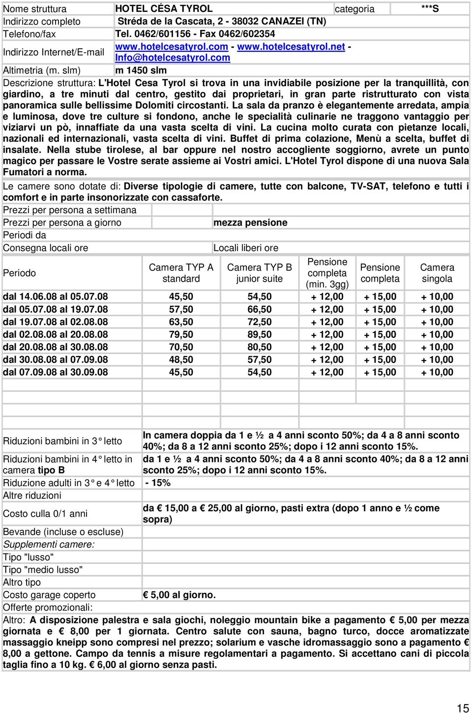 slm) m 1450 slm Descrizione struttura: L'Hotel Cesa Tyrol si trova in una invidiabile posizione per la tranquillità, con giardino, a tre minuti dal centro, gestito dai proprietari, in gran parte