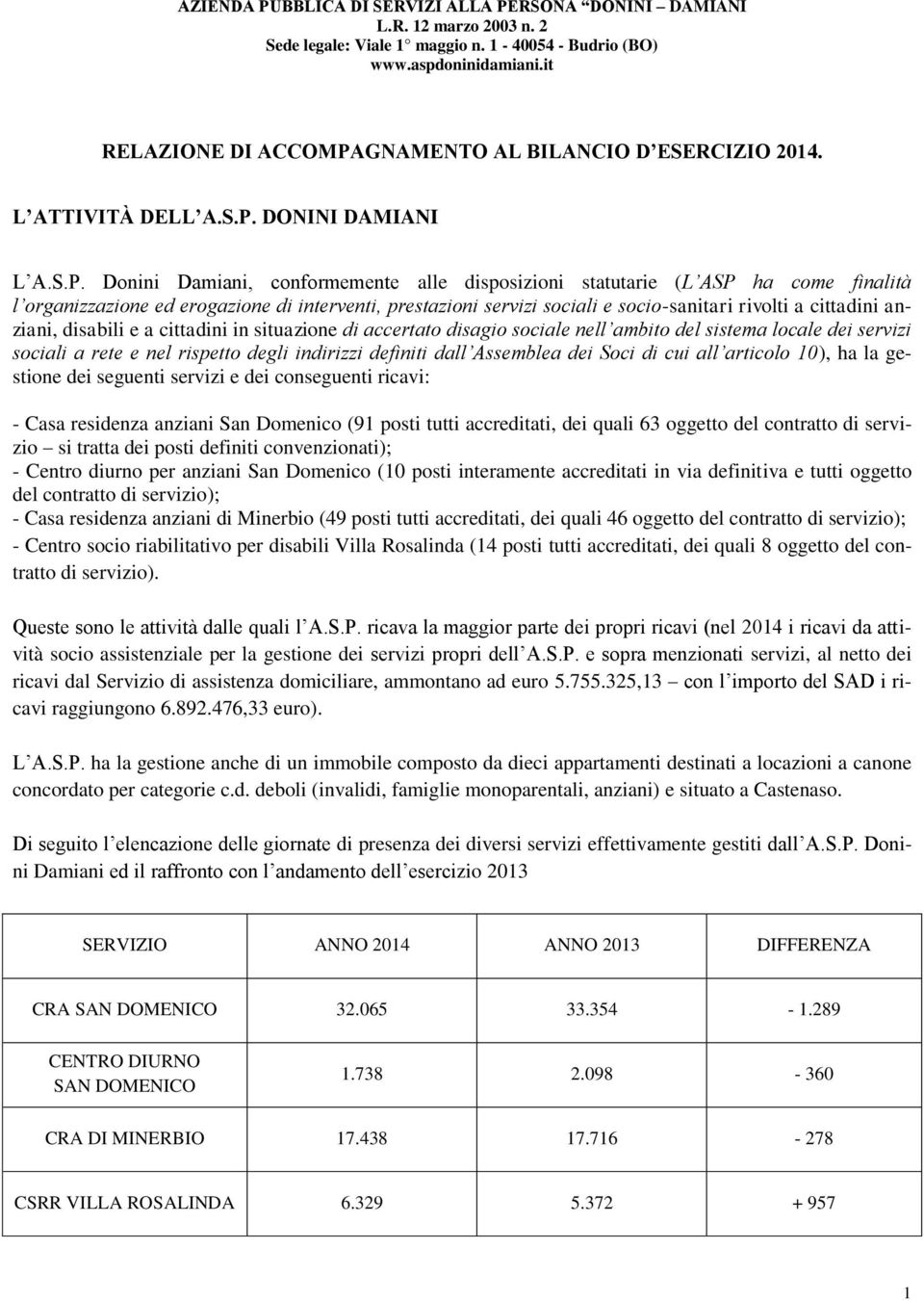 GNAMENTO AL BILANCIO D ESERCIZIO 2014. L ATTIVITÀ DELL A.S.P.