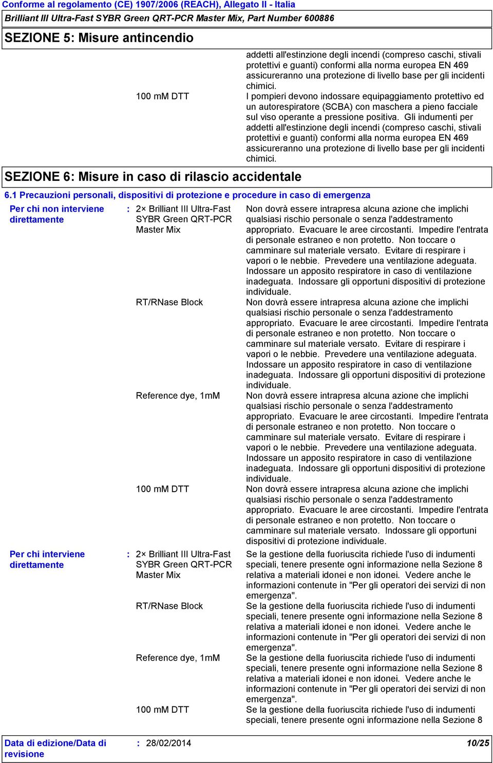 100 mm DTT I pompieri devono indossare equipaggiamento protettivo ed un autorespiratore (SCBA) con maschera a pieno facciale sul viso operante a pressione positiva.