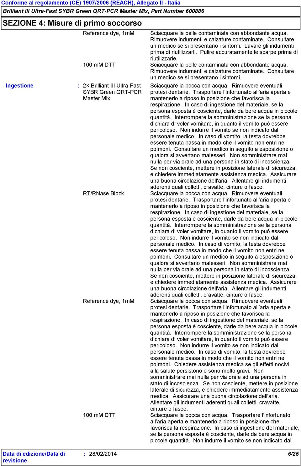 100 mm DTT Sciacquare la pelle contaminata con abbondante acqua. Rimuovere indumenti e calzature contaminate. Consultare un medico se si presentano i sintomi. Sciacquare la bocca con acqua.