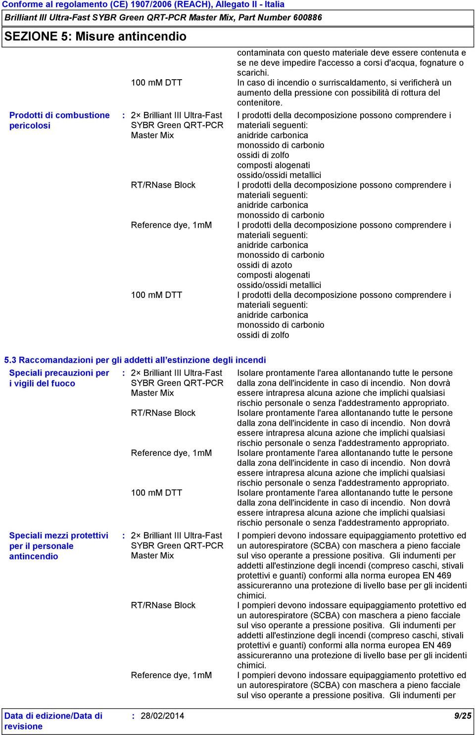 I prodotti della decomposizione possono comprendere i materiali seguenti anidride carbonica monossido di carbonio ossidi di zolfo composti alogenati ossido/ossidi metallici I prodotti della