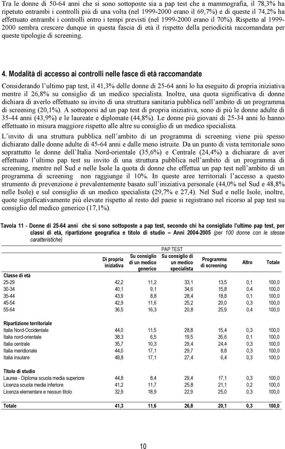 Rispetto al 1999-2000 sembra crescere dunque in questa fascia di età il rispetto della periodicità raccomandata per queste tipologie di screening. 4.