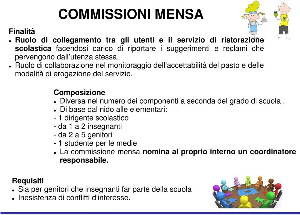 Requisiti COMMISSIONI MENSA Composizione Diversa nel numero dei componenti a seconda del grado di scuola.