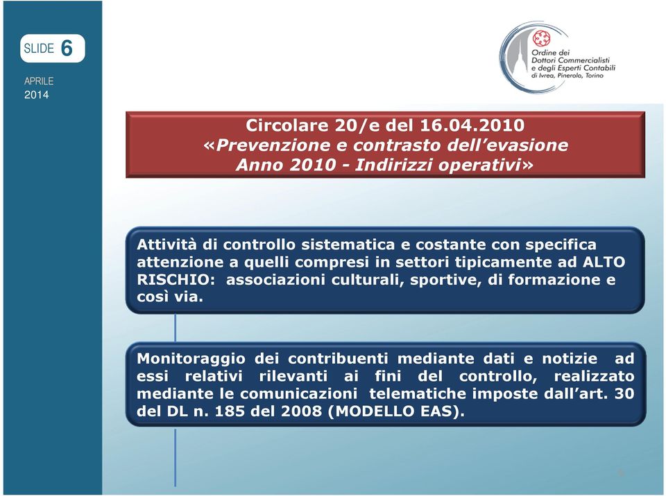 specifica attenzione a quelli compresi in settori tipicamente ad ALTO RISCHIO: associazioni culturali, sportive, di formazione