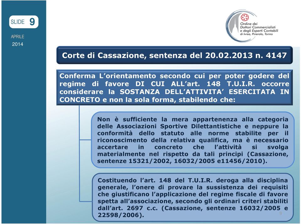 Dilettantistiche e neppure la conformità dello statuto alle norme stabilite per il riconoscimento della relativa qualifica, ma è necessario accertare in concreto che l attività si svolga