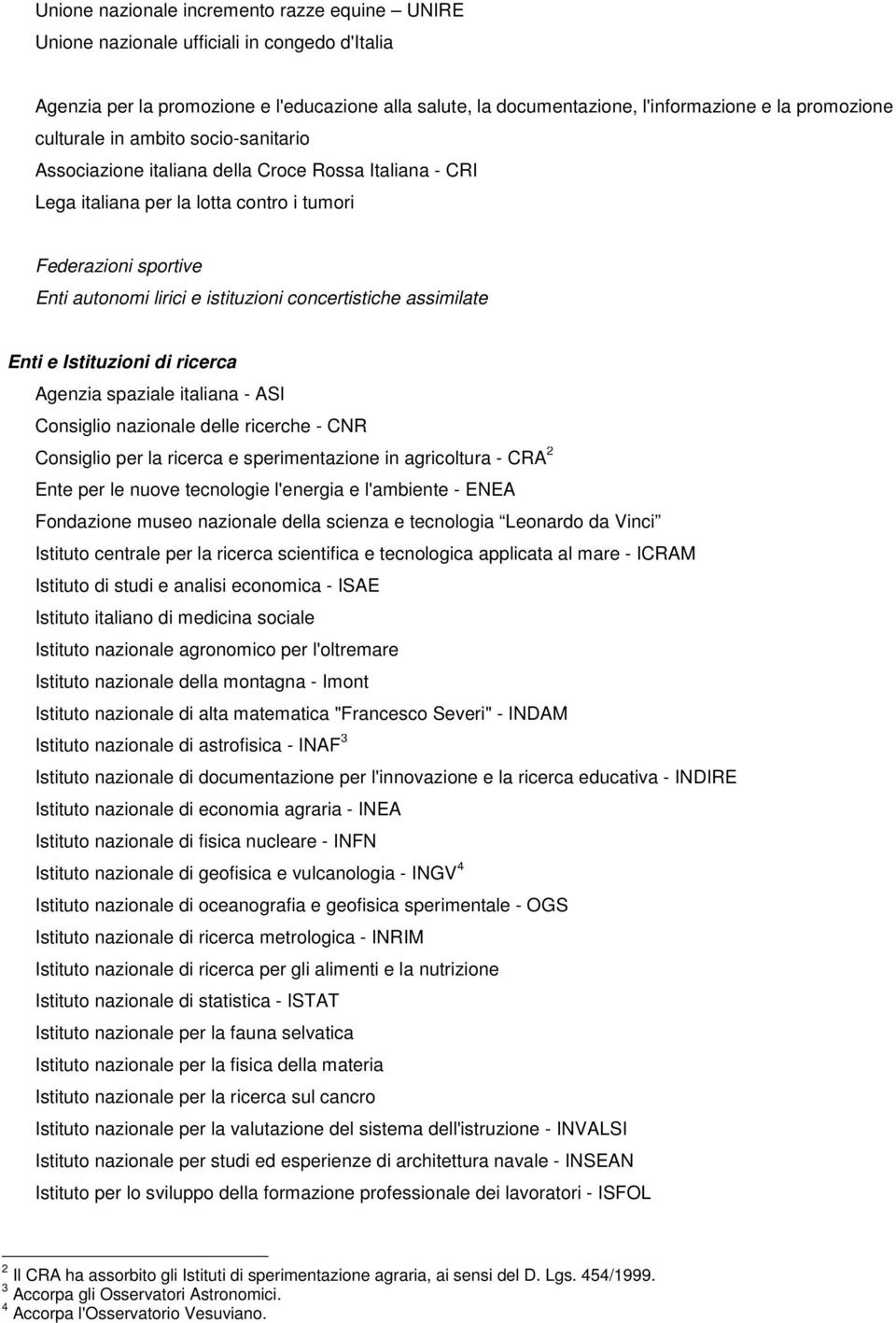 concertistiche assimilate Enti e Istituzioni di ricerca Agenzia spaziale italiana - ASI Consiglio nazionale delle ricerche - CNR Consiglio per la ricerca e sperimentazione in agricoltura - CRA 2 Ente