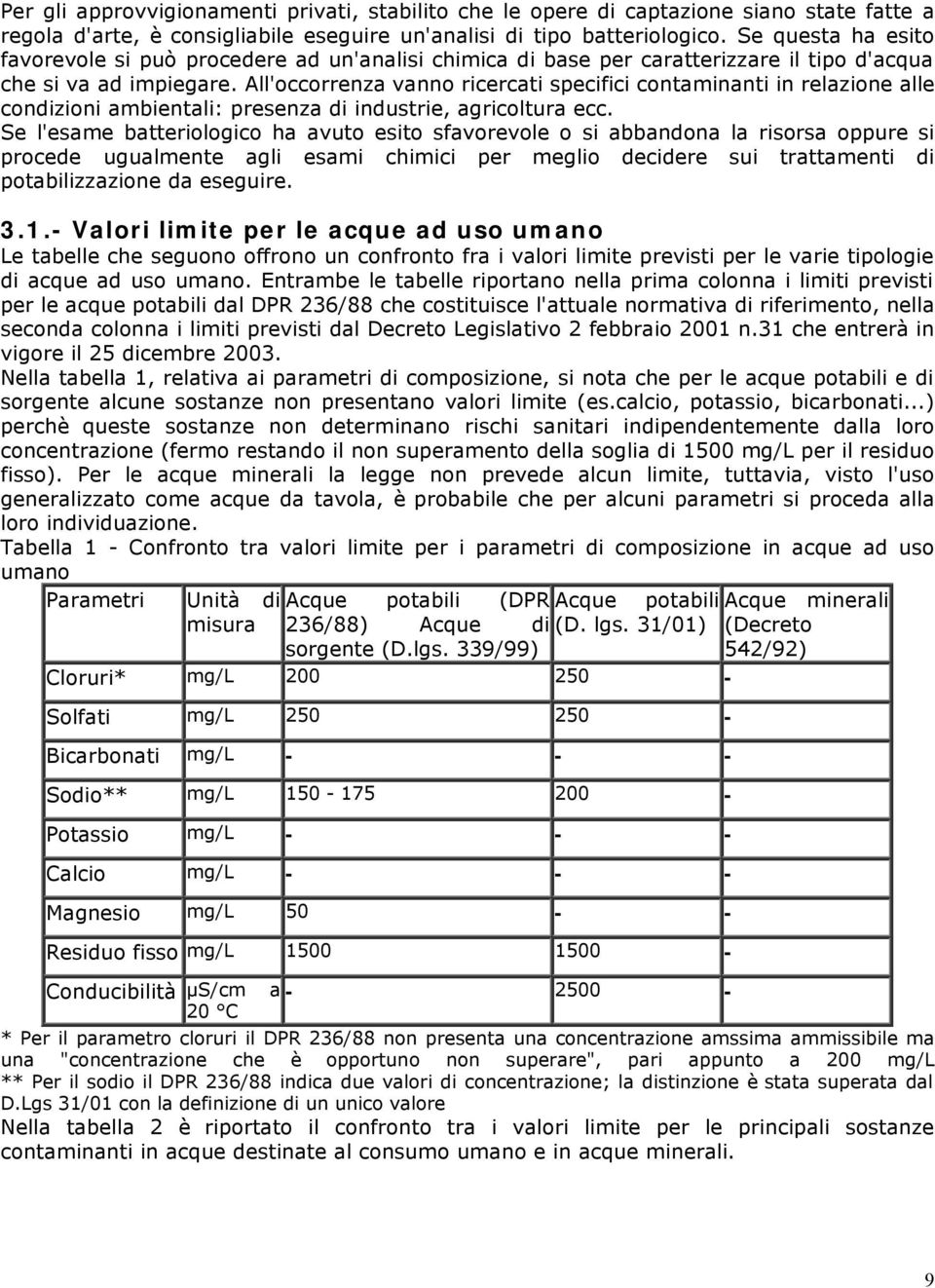 All'occorrenza vanno ricercati specifici contaminanti in relazione alle condizioni ambientali: presenza di industrie, agricoltura ecc.