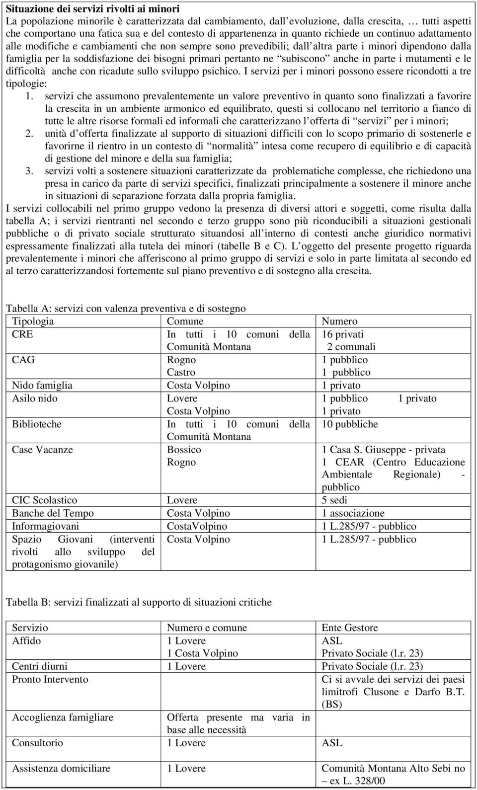 bisogni primari pertanto ne subiscono anche in parte i mutamenti e le difficoltà anche con ricadute sullo sviluppo psichico. I servizi per i minori possono essere ricondotti a tre tipologie: 1.