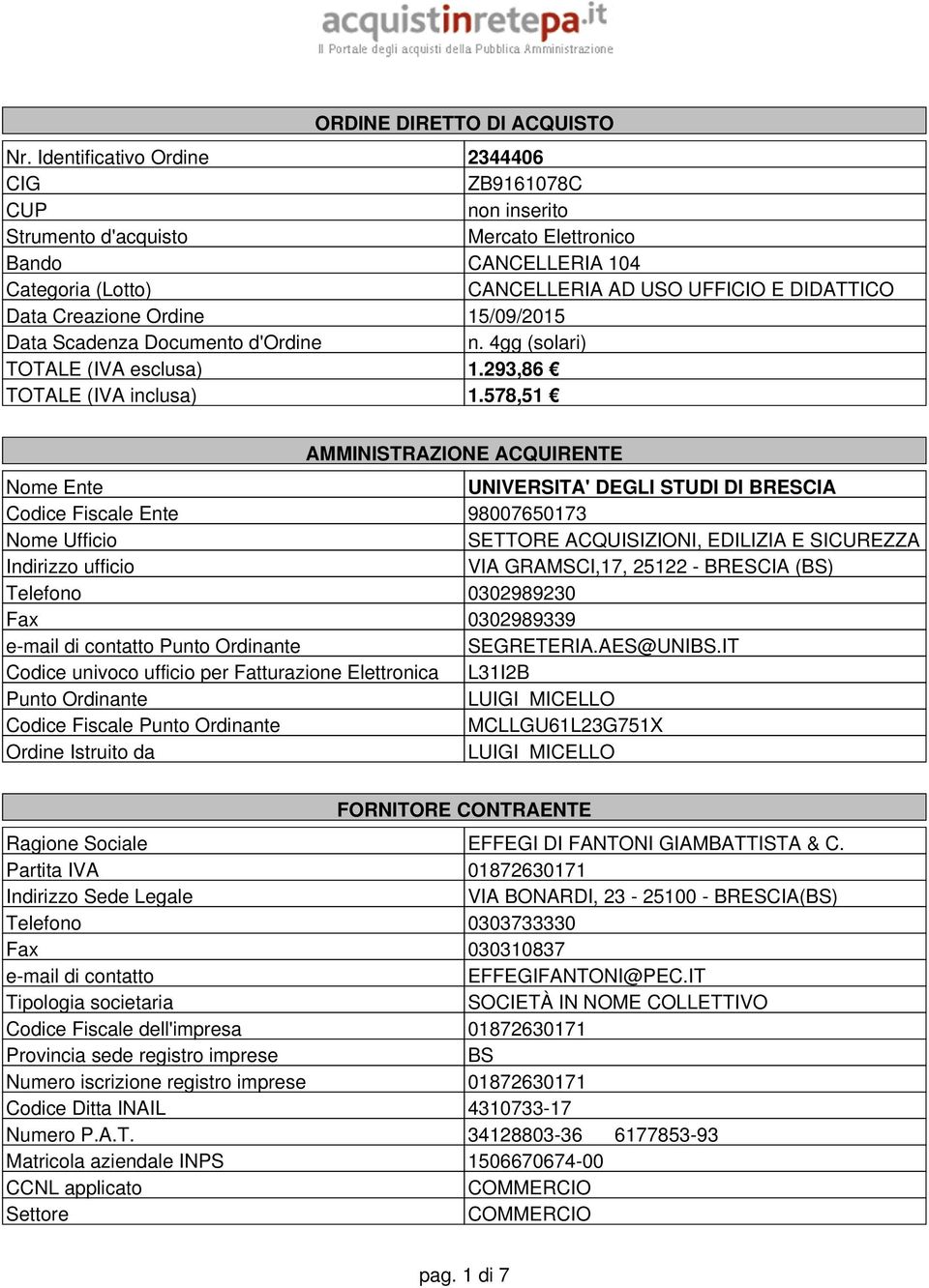 Ordine 15/09/2015 Data Scadenza Documento d'ordine n. 4gg (solari) TOTALE (IVA esclusa) 1.293,86 TOTALE (IVA inclusa) 1.