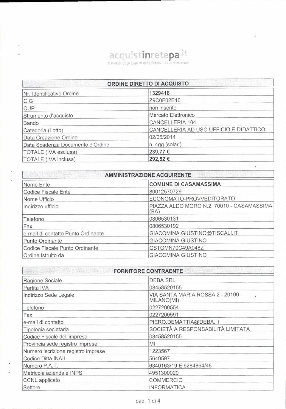 52 Nome Ente COMUNE DI CASAMASSIMA Codice Fiscale Ente 80012570729 Nome Ufficio ECONOMATO.PROWED ITO RATO Indirizzo ufficio PIAZZA ALDO MORO N.2, 7OO.1O.