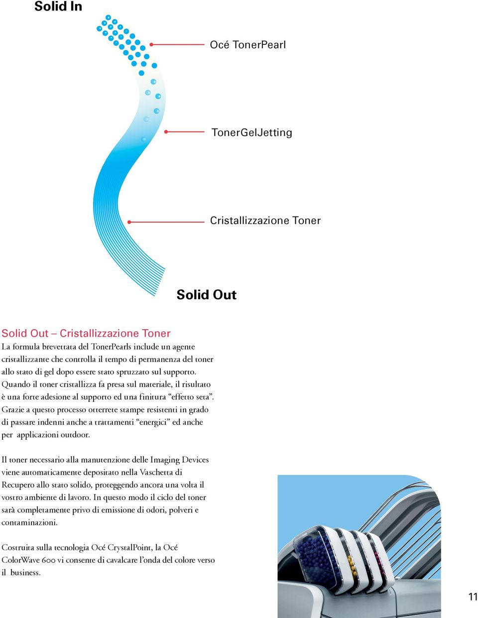Quando il toner cristallizza fa presa sul materiale, il risultato è una forte adesione al supporto ed una finitura effetto seta.