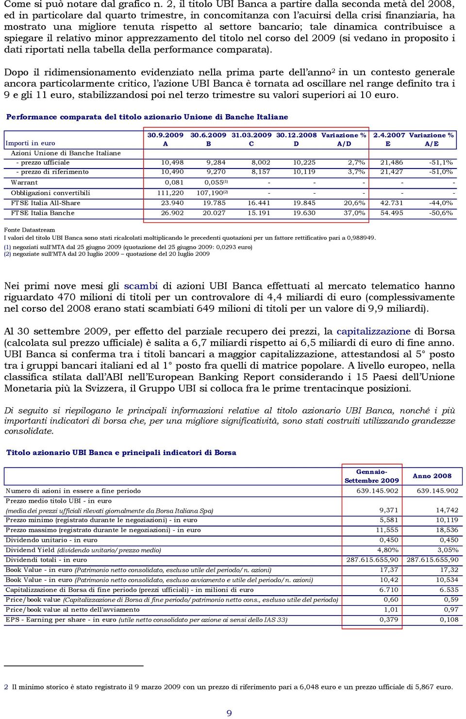 al settore bancario; tale dinamica contribuisce a spiegare il relativo minor apprezzamento del titolo nel corso del 2009 (si vedano in proposito i dati riportati nella tabella della performance