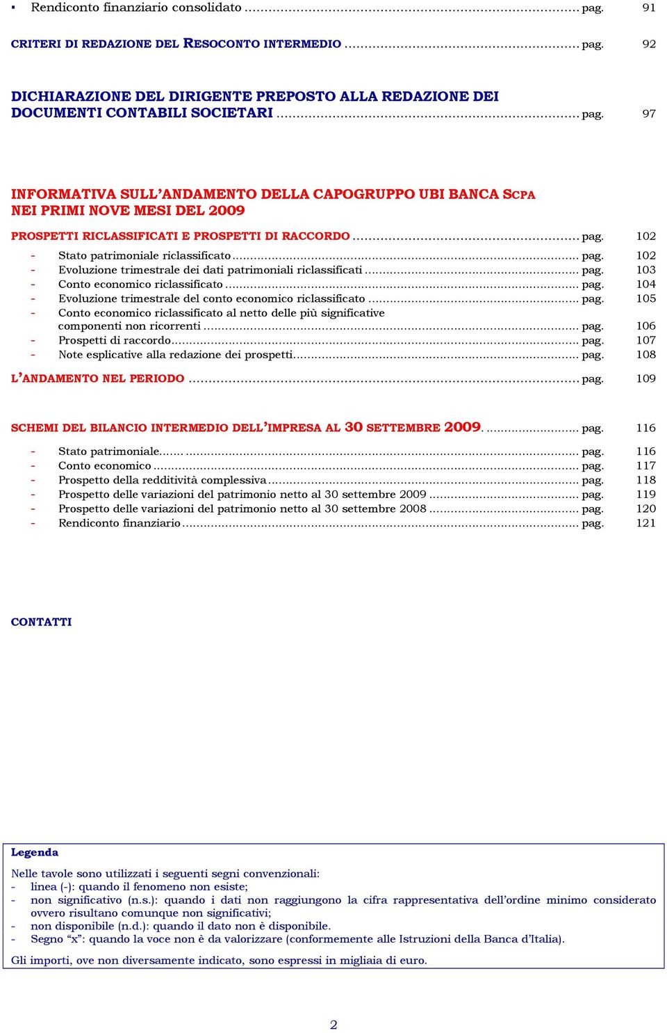 .. pag. 105 - Conto economico riclassificato al netto delle più significative componenti non ricorrenti... pag. 106 - Prospetti di raccordo... pag. 107 - Note esplicative alla redazione dei prospetti.