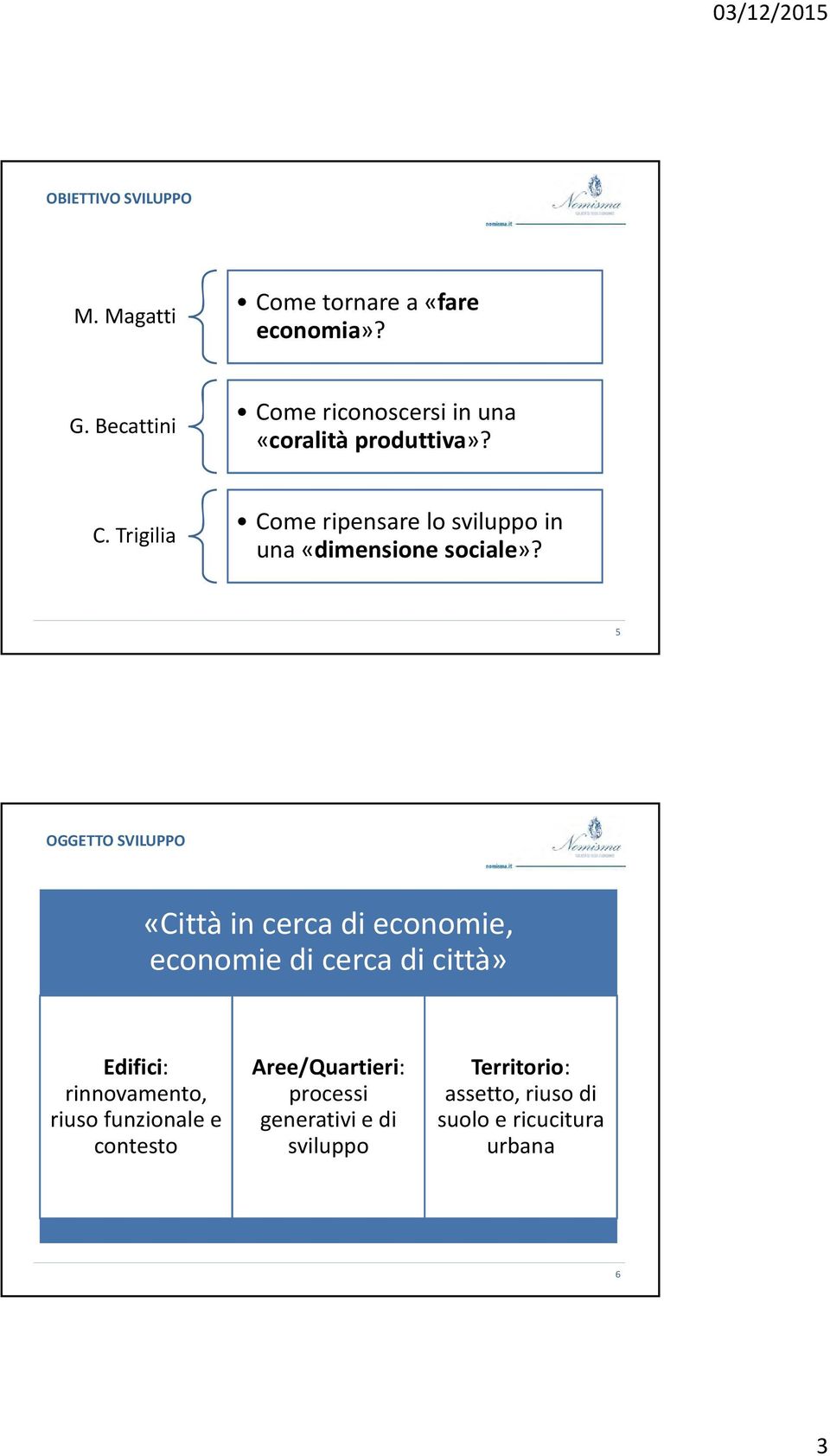 5 OGGETTO SVILUPPO «Città in cerca di economie, economie di cerca di città» Edifici: rinnovamento, riuso