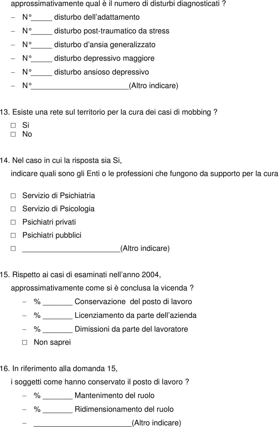 Esiste una rete sul territorio per la cura dei casi di mobbing? No 14.